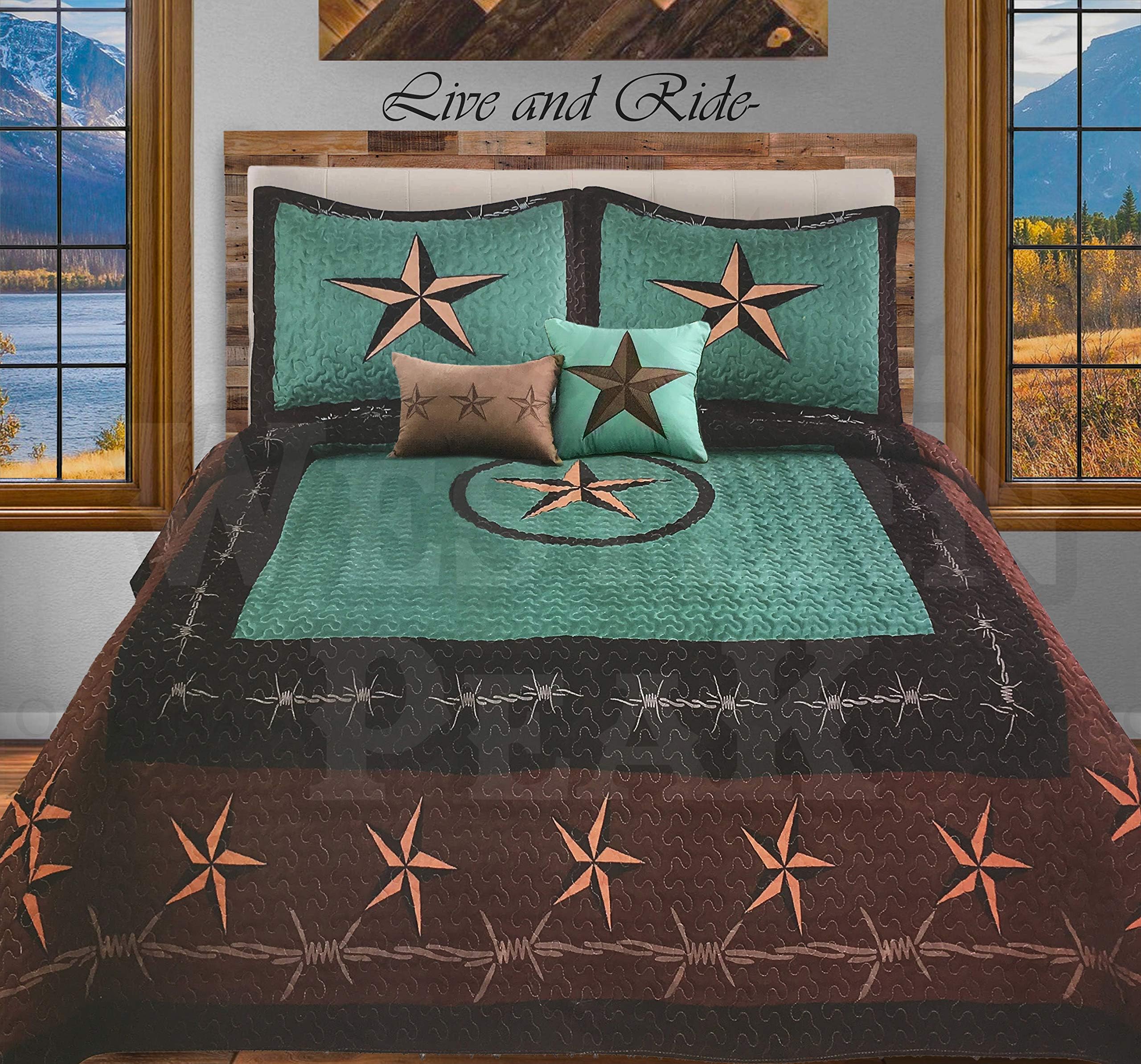 Western Peak 5 Pc Western Texas Cross Lodge Barbed Wire Quilt Bedspread Shams Pillow Oversize Comforter (Turquoise Star Rope, King)