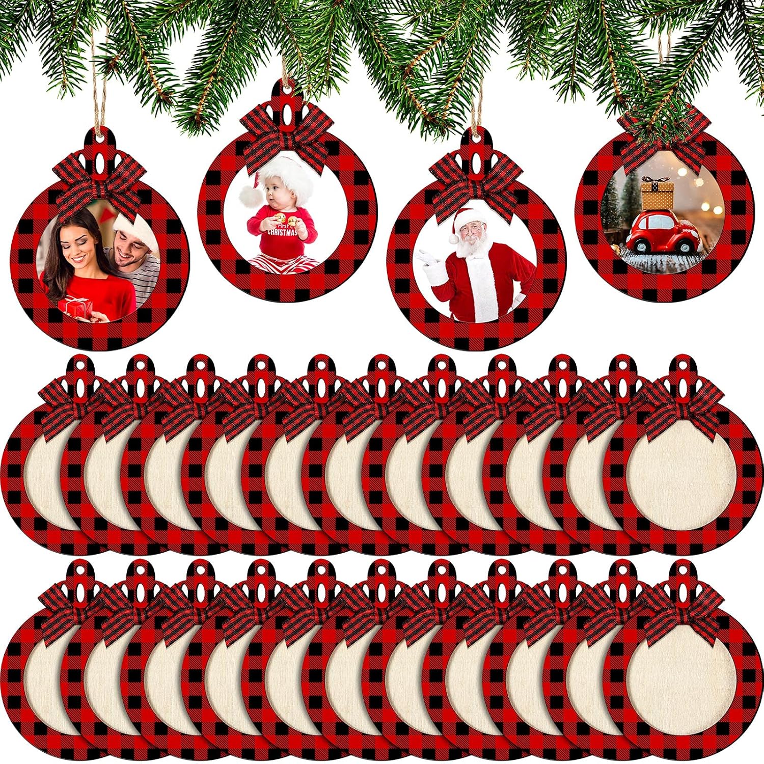 Photo Albums, Frames & Accessories - Blulu 24 Pcs Christmas Ball Picture Ornament Bulk Wooden Christmas Photo Frame Ornaments Red Black Plaid Christmas Hanging Ornaments for Christmas Tree Stockings Decorations