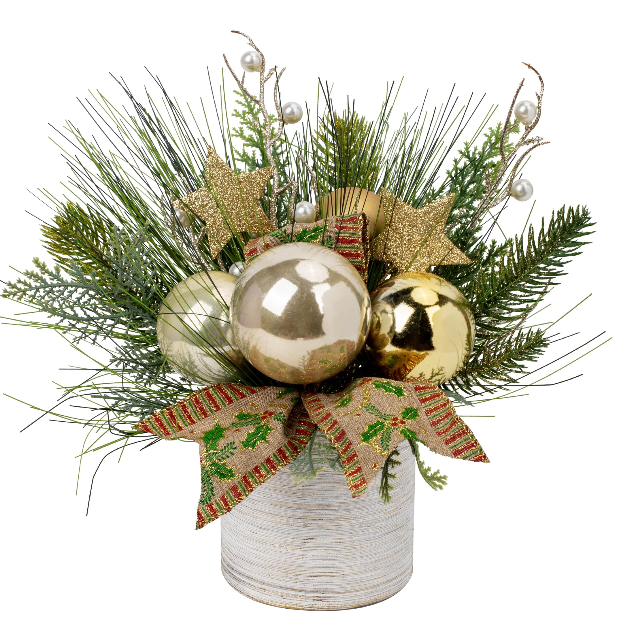 Hollyone 10" Christmas Potted Decorations, Artificial Berries, Baubles, Realistic Pine Needles, Decorative Ribbons, Xmas Centerpiece Decor in Ceramic Pot for Home, Living Room, Kitchen, Table, Shelf