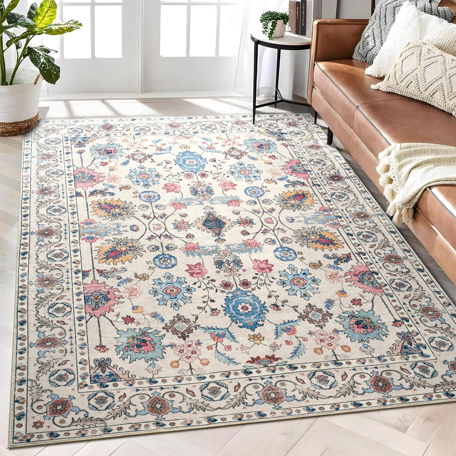 Photo 1 of Zedrew Area Rugs, 4x6 Washable Rug for Living Room Bedroom, Non Slip Low Pile Rug Vintage Print Indoor Carpet for Bedside Kids Room Dorm Office Nursery Home Decor (Cream, 4x6)