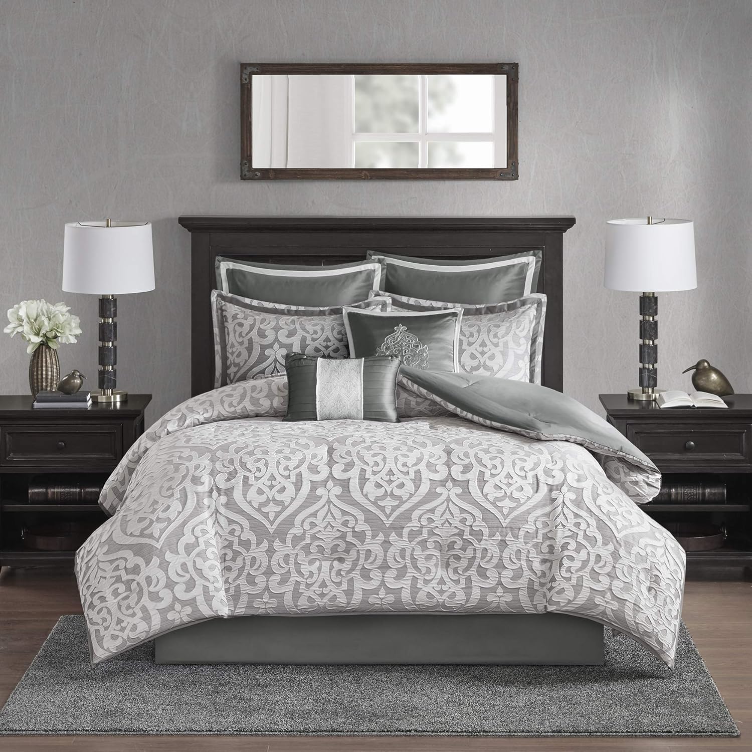 Madison Park Odette 8 Piece Jacquard Bedding Comforter Set with Damask Stria, King, Silver: Home & Kitchen