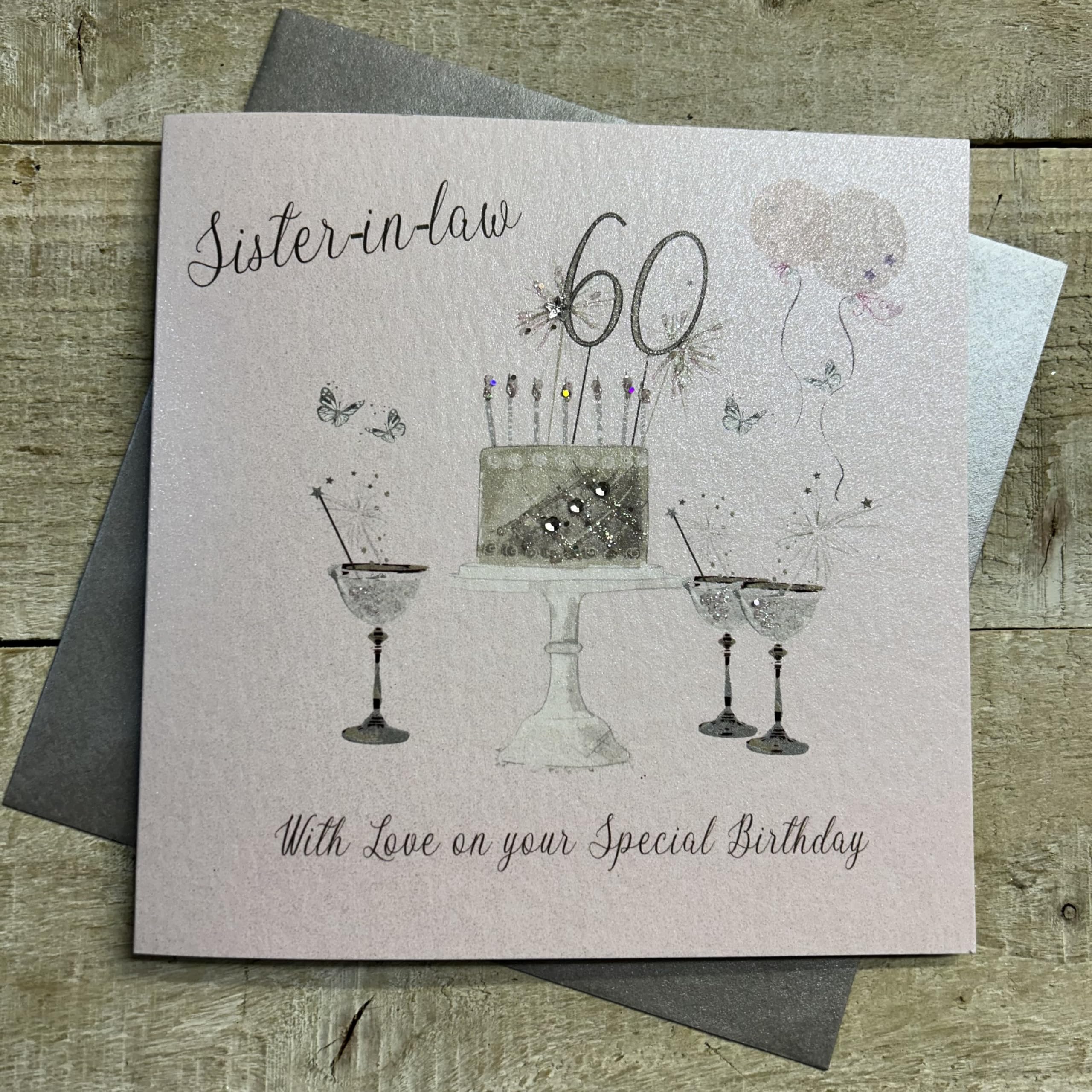 WHITE COTTON CARDS Happy 60th Birthday Card Sister-in-Law Champagne Glasses Pink & Gold Sparkly Cake SS42-SIL60