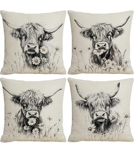 Highland Cow Pillow Cover – 18x18 Inch Linen Decorative Cushion Cover For Couch