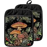 GOOZHO Dark Cottagecore Mushroom Pot Holders with Pockets, Vintage Botanical Floral Forest Mushroom Cottage Core Oven Pot Holders Heat Resistant Oven Mitts Hot Pads for Kitchen Baking Cooking