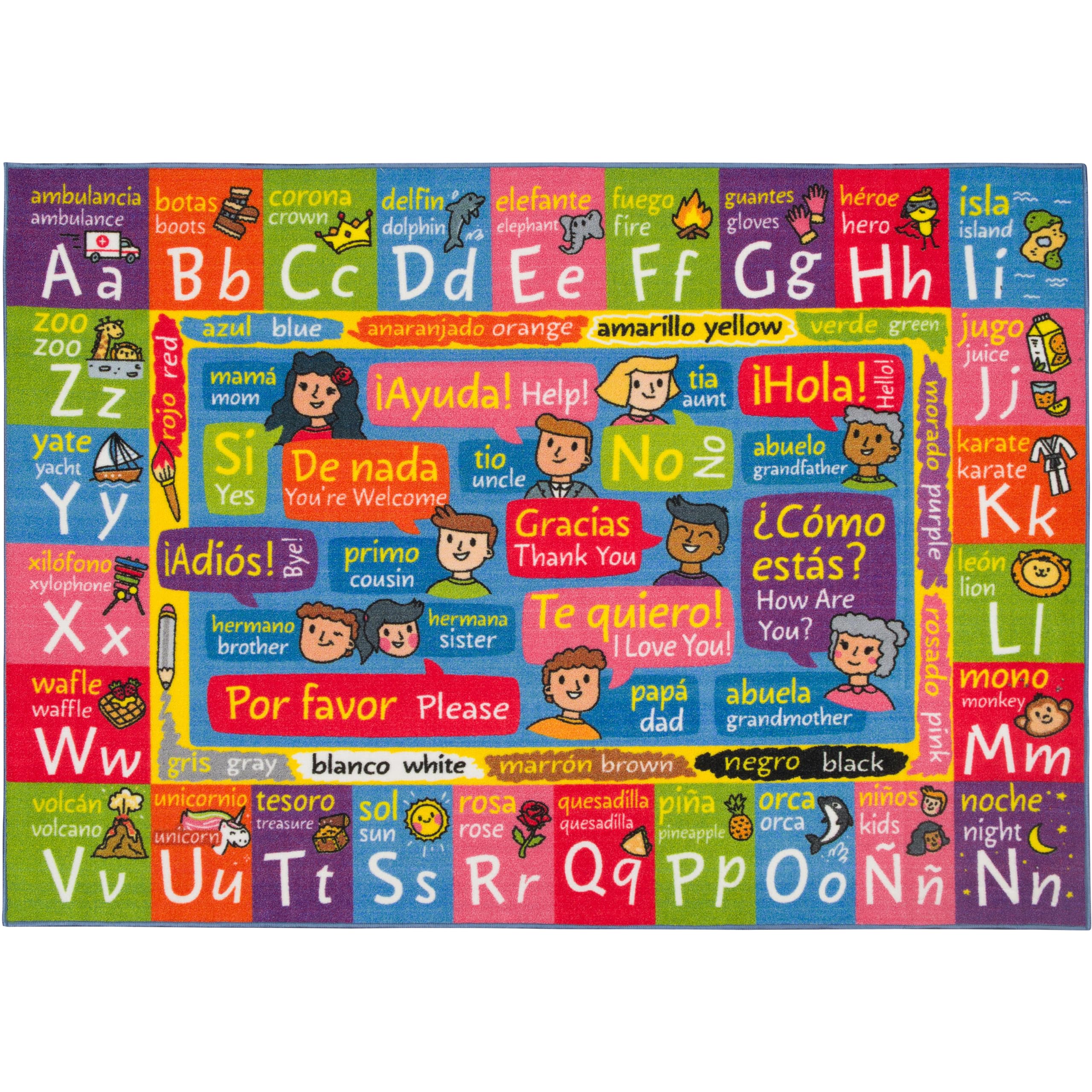 KC Cubs Bilingual Educational Kids Rug – English & Spanish ABC, Colors & Phrases – Language Learning Mat Classroom & Playroom Carpet Baby-Toddler 3x5 Image