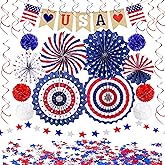 27PCS 4th of July Decorations, Fourth of July Decor Love USA Banner Red White Blue Paper Fans Star Streamer Pom Poms Hanging Swirls Patriotic Decorations for Indoor Outdoor Outside