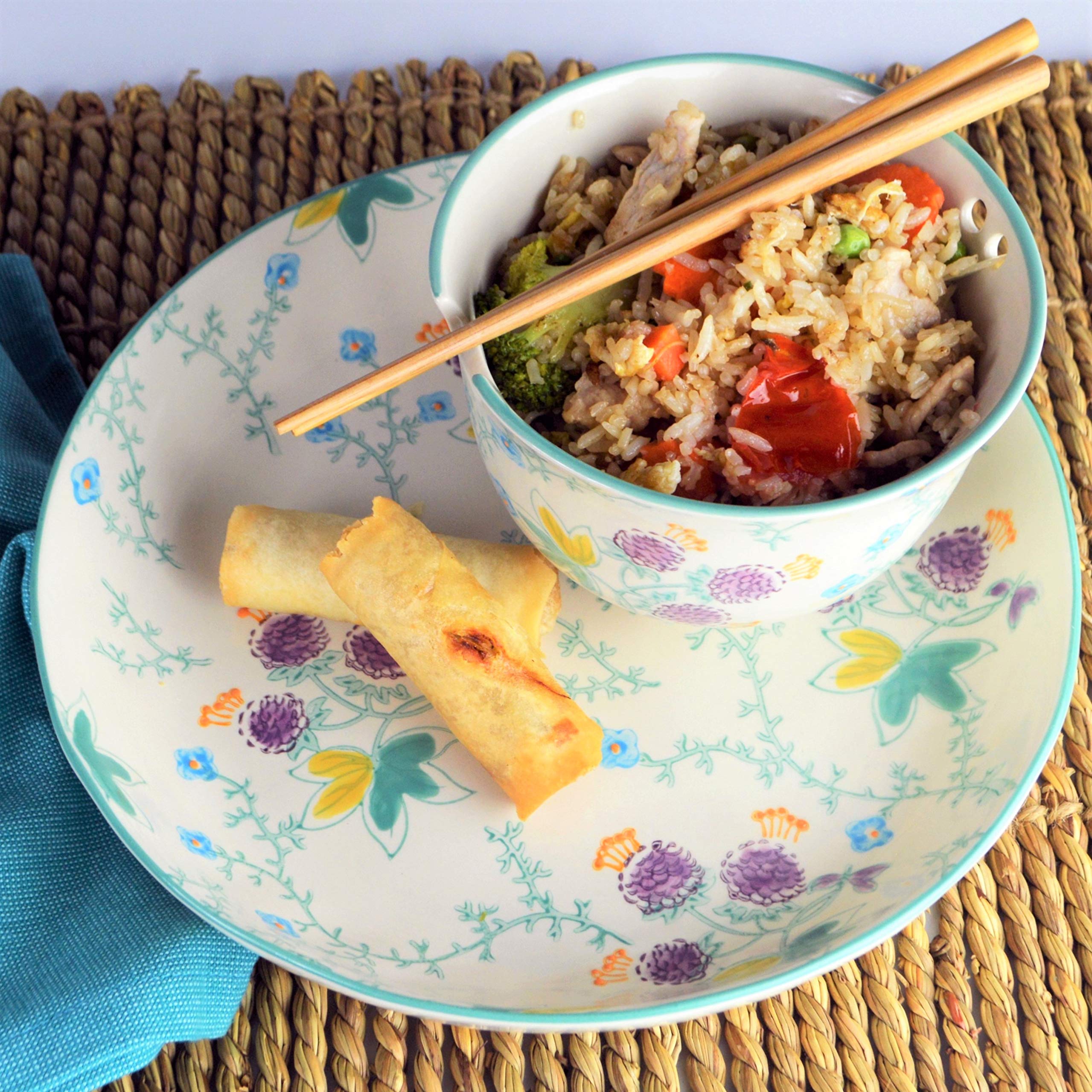 Euro Ceramica Ceramic Ramen Bowl Set | Ella Collection Salad Soup Ramen Bowl 2 Sizes Included with Chopsticks | Microwaveable Bowl for Ramen, Noodles, Pho, and Udon - Blue Floral Design