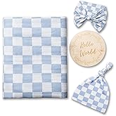 Miaoberry Checkered Muslin Swaddle Set, 100% Organic Cotton, Mist Blue,Checkerboard, Gender-Neutral, with Matching Bow, hat and Wooden Baby Arrival/Announcement Card