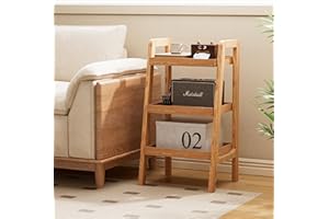 Grewood 100% Solid Oak Wood 3-Tiers Ladder Shelf, Small Bookcase, Ladder Bookshelf, End/Side Table for Living Room, Display Storage Open Shelf for Bedroom Kitchen Bathroom (Natural Color)