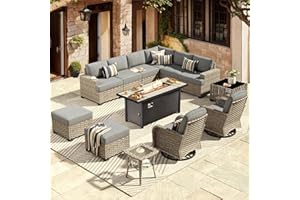 HOOOWOOO Outdoor Sectional Patio Furniture Set with Fire Pit Table,13 Pieces Wicker Conversation Sets L Shaped Couch,Extra Deep Out Door Sofa Outside Furniture with Swivel Chairs Ottoman,Charcoal Gray