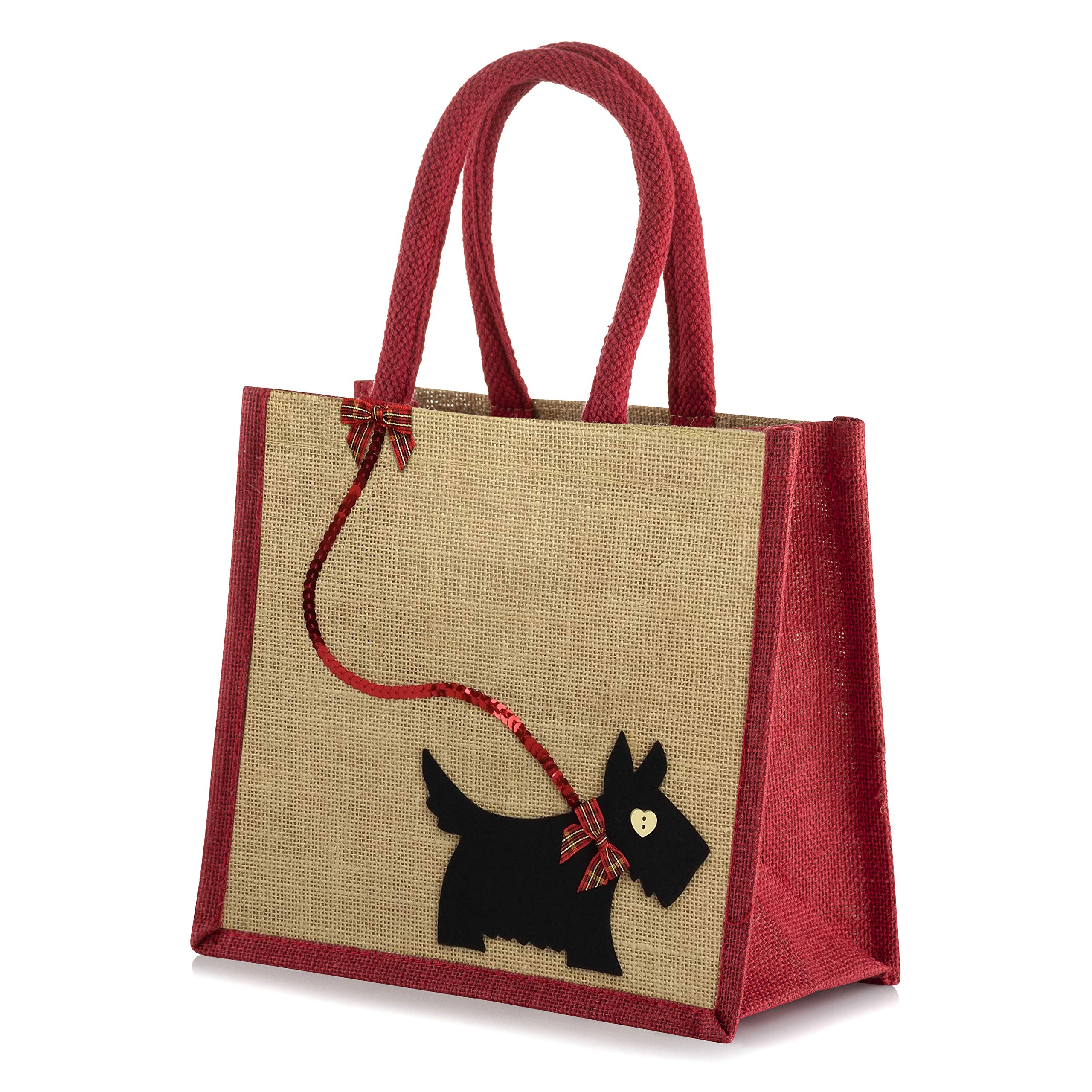 Yellowboots Natural Jute Hessian Lunch Gift Bag - Scottie/Westie Dog - Black on Red