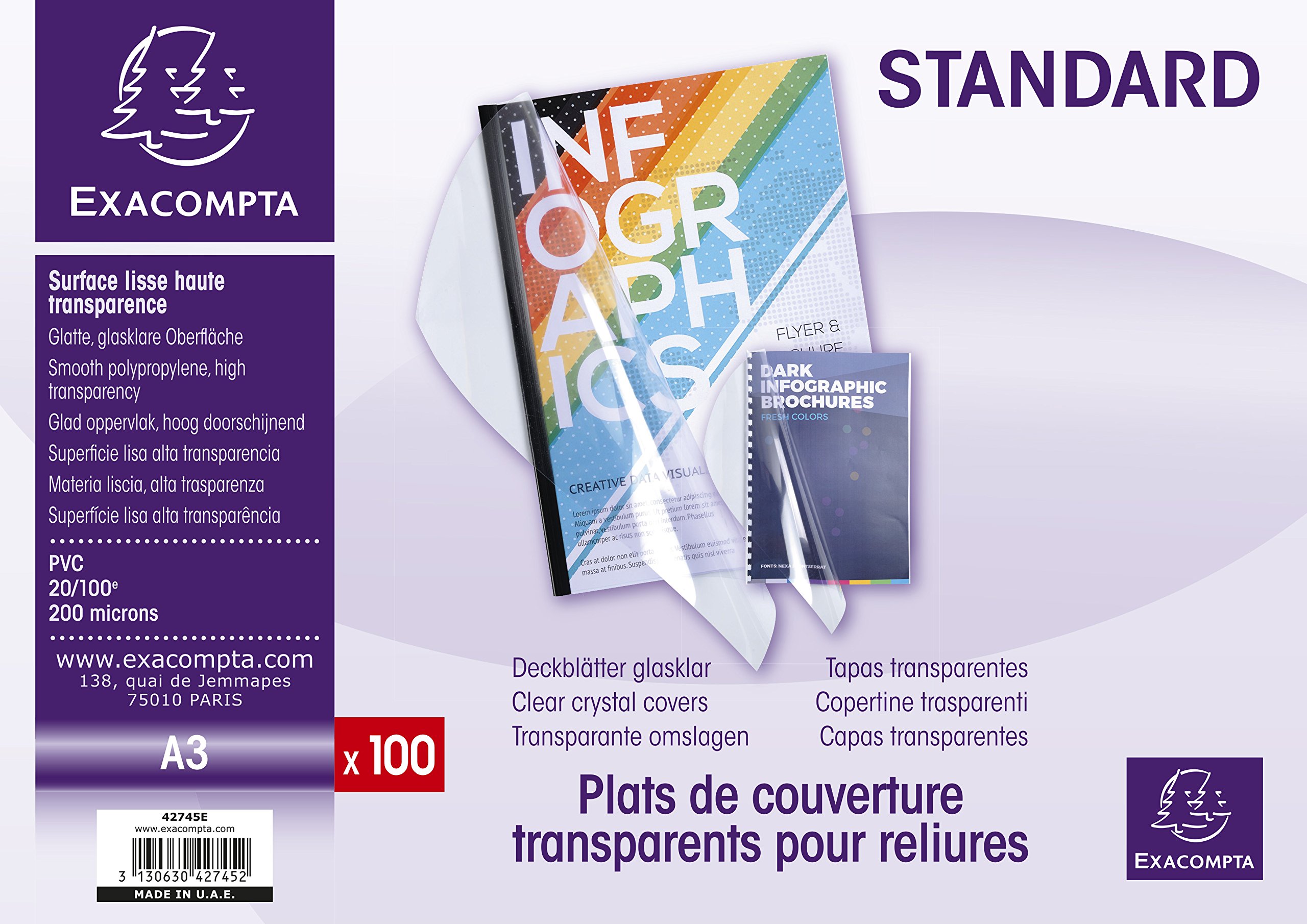 Exacompta - Ref 42745E - PVC Transparent Covers for Presentation Binders - Suitable for Storing A3 Documents, 0.2mm Thick Material - Clear (Pack of 100)
