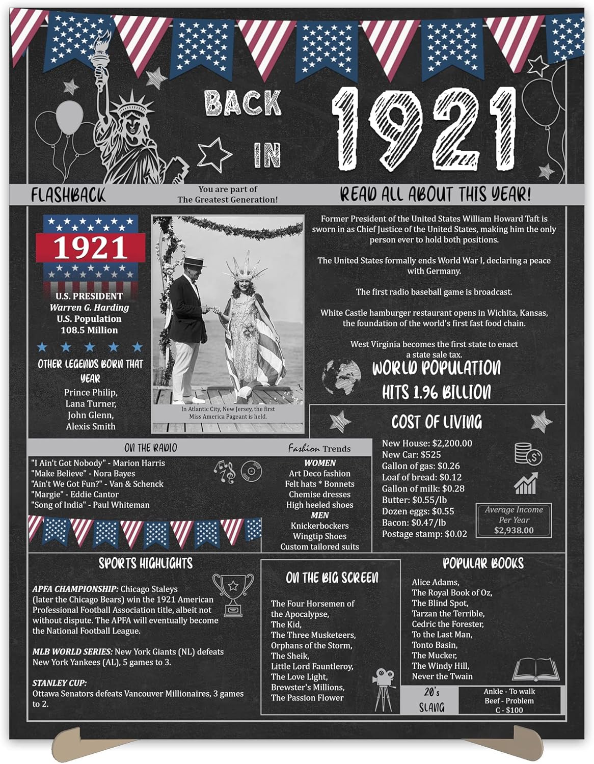 Wall Décor - 102nd Birthday Party Gifts - 102 Years Old Anniversary Poster for Men or Women. Back In 1921 Party Supplies. Birthday or Wedding Gift Ideas for Home Wall Decorations. Born 102 Years ago Card 11x14 In