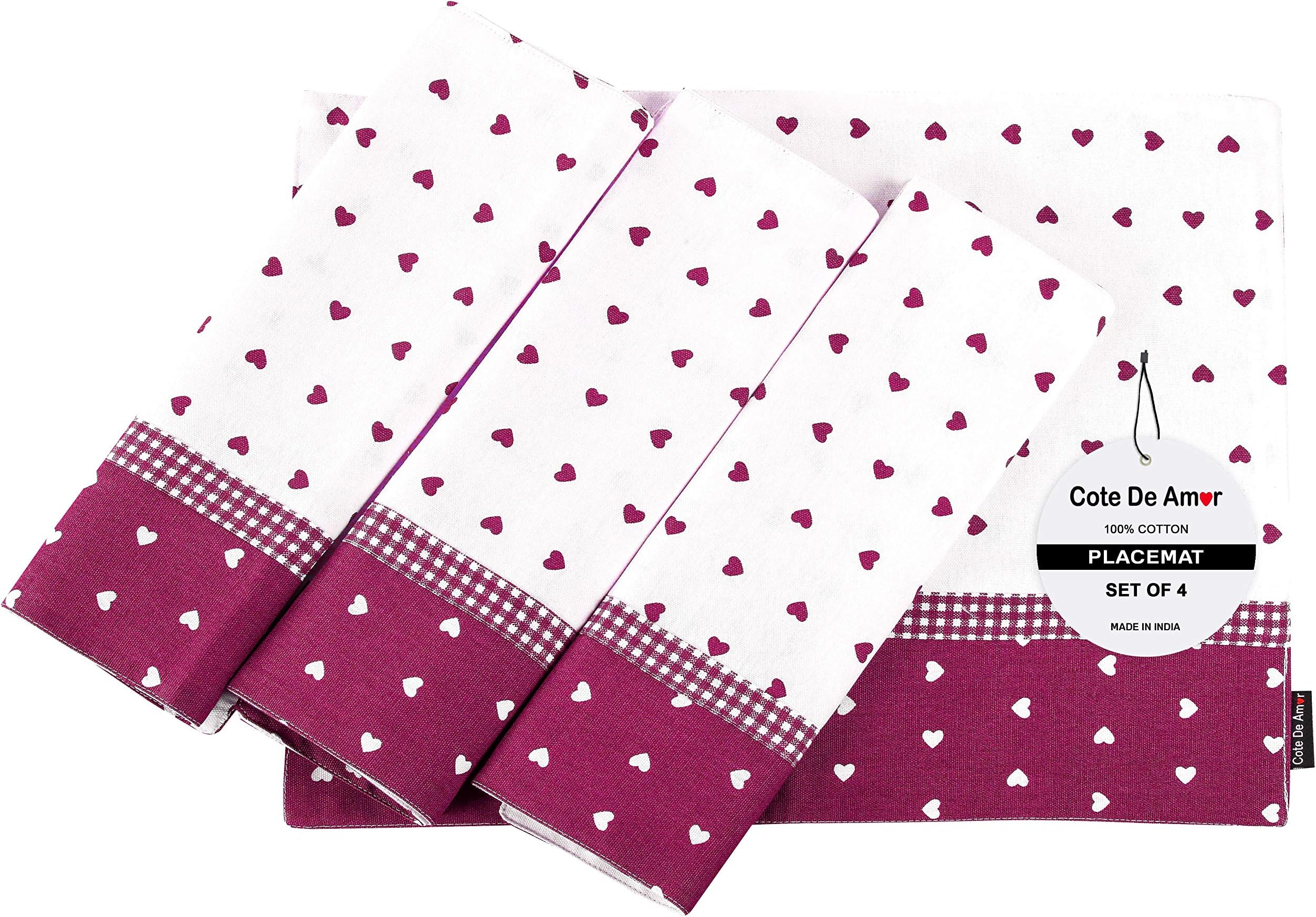 Cote De Amor 100% Pure Cotton Placemats 4 Pack 13x19 Non Slip, Cloths Placemats Bulk for Dining Table, Machine Washable Easy to Clean, Red White