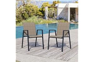 Seekverse Outdoor Dining Chairs Set of 2, High-Back Stackable Patio Chairs with Metal Frame, Lightweight Sling Design, Ideal for Garden, Deck, Poolside, Mocha