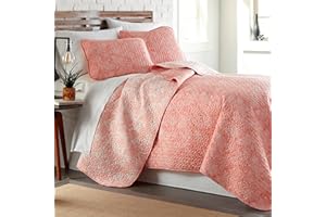Southshore Fine Living, Inc. Full/Queen Paisley Quilt Bedding Set, Full Size Bedspread, Reversible Boho Bedding Set 2-Sided Quilt, Full/Queen Coverlet Quilt & Matching Shams, Coral & White