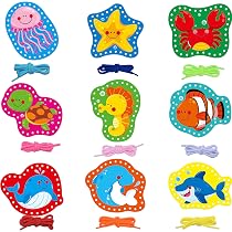 Cartes à Lacer Montessori – 4 Animaux (zèbre, Lion, Crocodile, Ours) – 4 Lacets – Motricité Fine – Dès 3 Ans