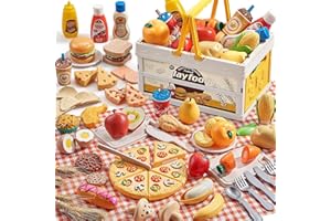 Play Food Sets for Kids Kitchen, Wheat Straw Pretend Food Toys with Kids Picnic Basket and Picnic Blanket, Cutting Toy Food, 