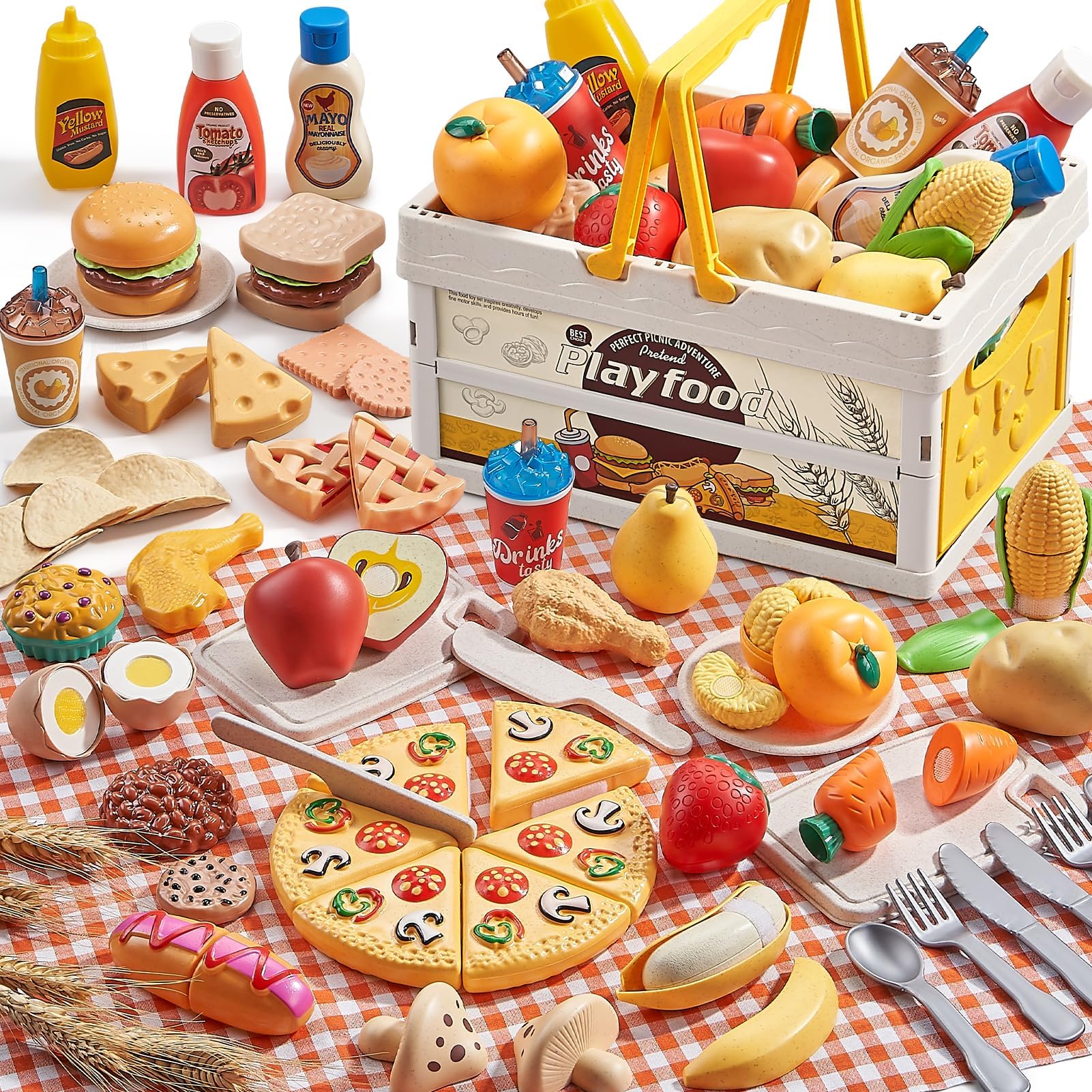Play Food Sets for Kids Kitchen, Wheat Straw Pretend Food Toys with Kids Picnic Basket and Picnic Blanket, Cutting Toy Food, Fake Food with Pizza Toy, Play Kitchen Accessories, STEM Gift for Boy Girl