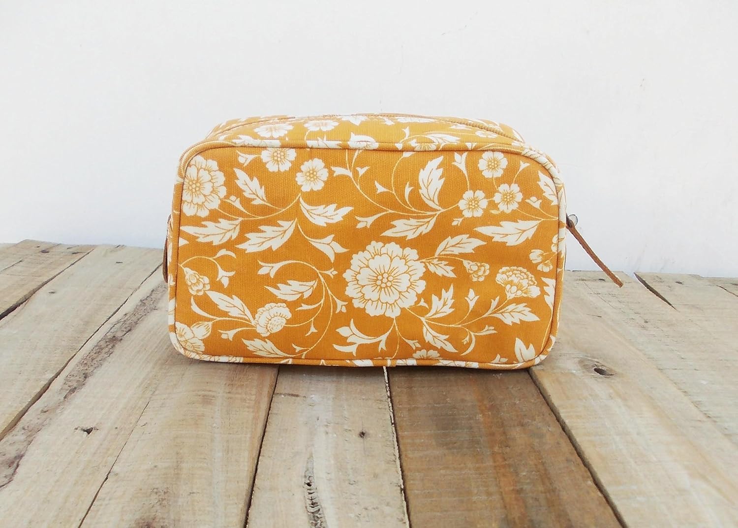 Yellow Toiletry Bag, Floral Print, Laminated Bag, Block Print Cotton
