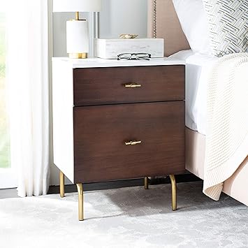 Amazon Com Safavieh Home Genevieve Modern Walnut And White Mahogany 2 Drawer Nightstand Furniture Decor