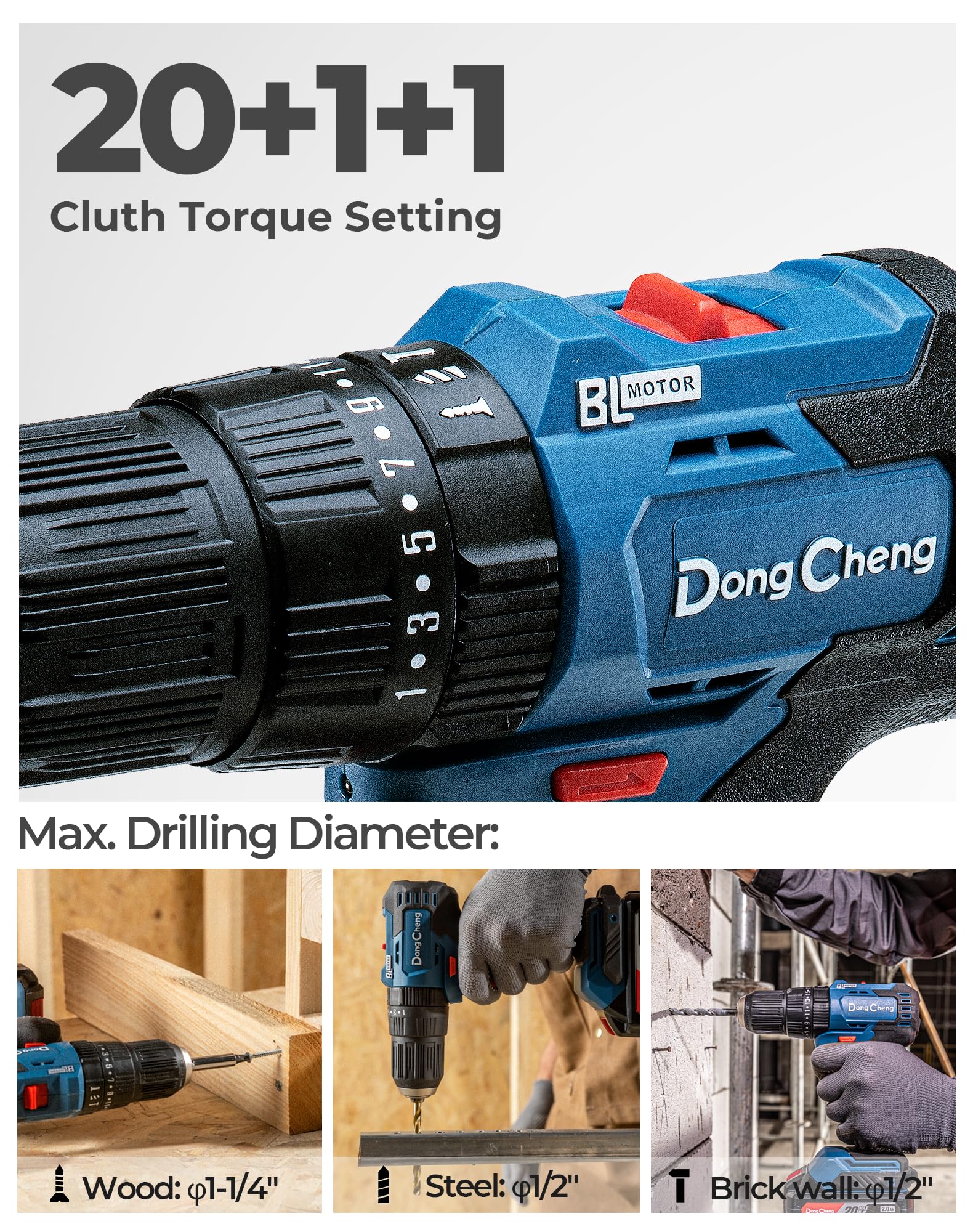Dong Cheng 20V Brushless Heavy-duty Impact Drill, 443 in-lbs, 27000 IPM, 1/2