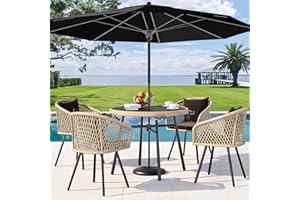 YITAHOME 5-Piece Outdoor Dining Set with Umbralle Hole, Rattan Patio Dinging Set for 4 with Cup Holders Soft Cushions and Glass Top Dining Table for Backyard Deck Bacony (Light Brown + Black)