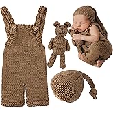 Vemonllas Newborn Photoshoot Outfits Crochet Bear Hat & Romper Set for Baby Boys Girls - Handmade Photo Props Outfits