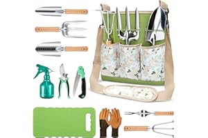 Grenebo All-in-One Garden Tool Set, 11-Piece Heavy Duty Gardening Tools with Ergonomic Canvas Shoulder Crossbody Bag, Rust-Proof Premium Garden Tool Kit, Gardening Gift for Women Men, Green, GR003