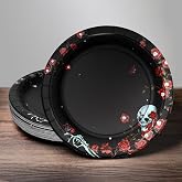 Cheerland Rose Skull Disposable Halloween Party Paper Plates 7 Inch Black for Birthday Summerween Emo Gothic Valentines Cosplay Day of Death Celebration Spooky Party Supplies Decorations 24pcs