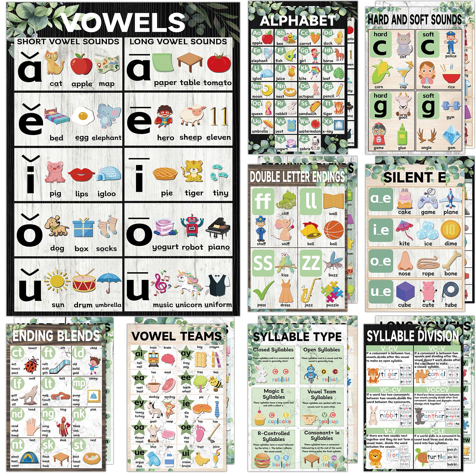 Photo 1 of 16Pcs Boho Greenery Sound Wall Classroom Phonics Posters Eucalyptus Language Arts Charts Supplies for Kids Toddler Learning Language Arts Grammar Posters English Phonics Posters for Wall Decorations