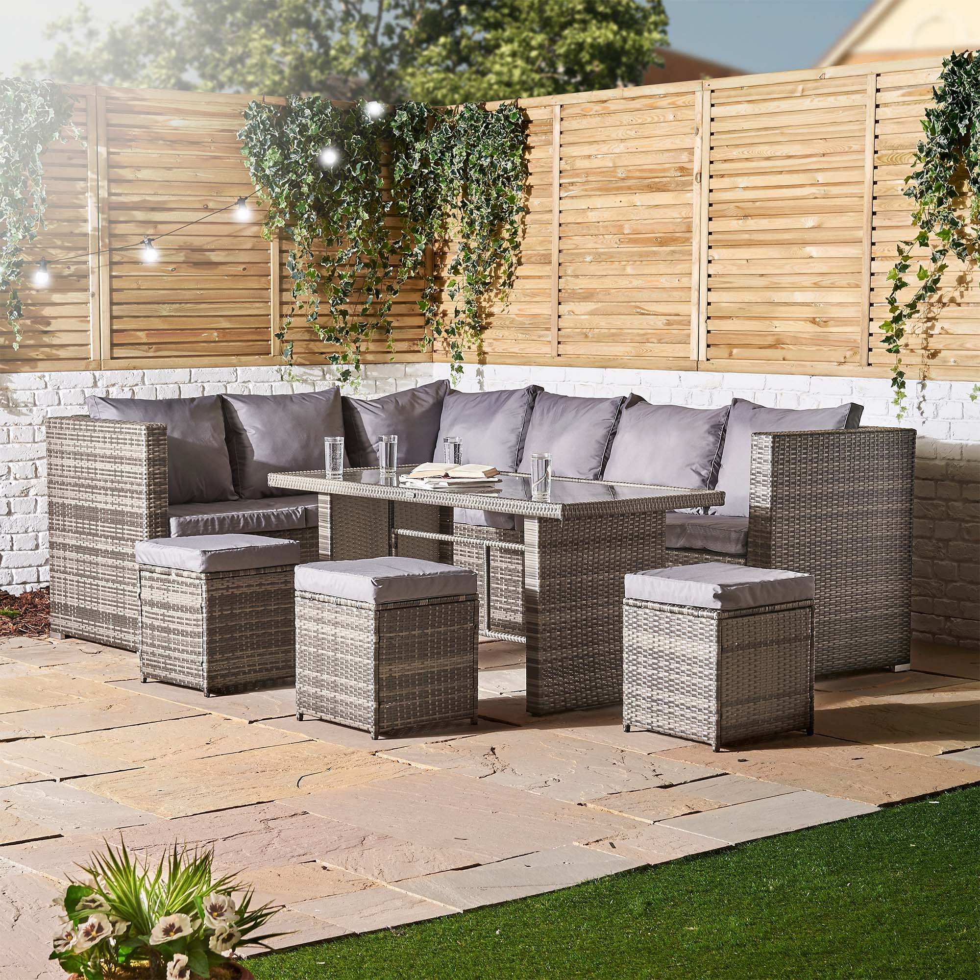 Buy VonHaus 9 Seater Dining Corner Rattan Set Modern GlassTopped