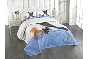 Ambesonne Animal Bedspread, French Bulldog Sleeping with Teddy Bear in Cozy Bed Best Friends Fun Dreams Image, Decorative Quilted 3 Piece Coverlet Set with 2 Pillow Shams, Queen Size, Blue Brown