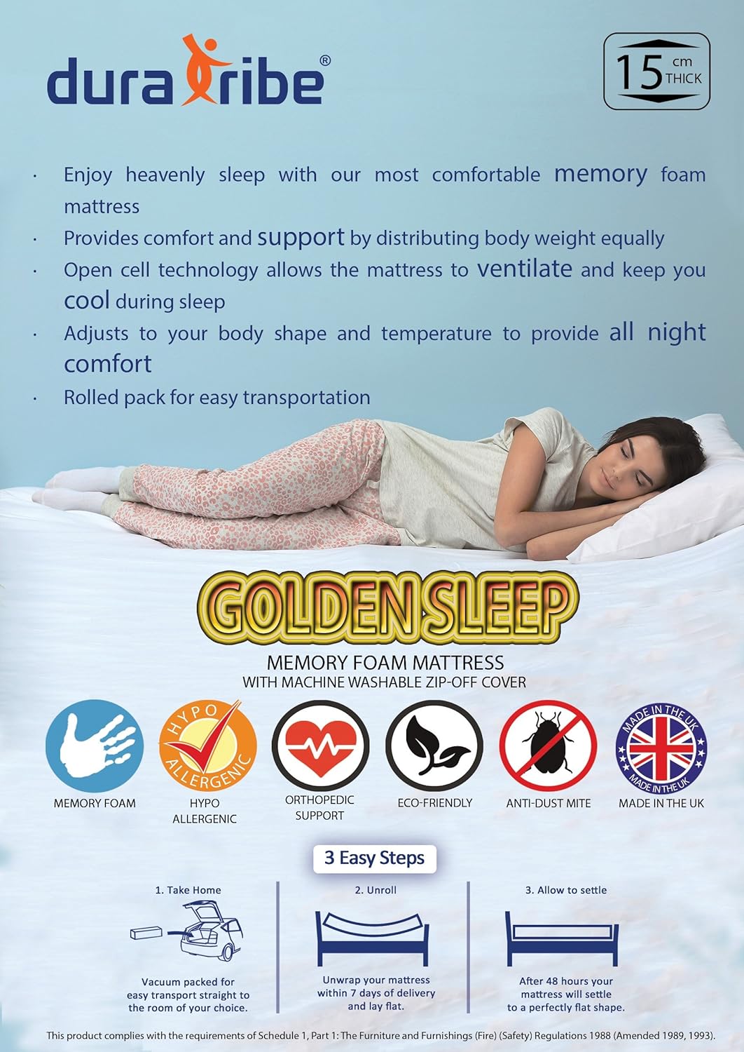 DURA TRIBE GoldenSleep Small Double 4ft Memory Foam Mattress 15cm Medium Firm Comfort Orthopaedic Zipped Removable Washable Soft Micro Quilted Cool Breathable Cover 120 x 190cm - Image 3