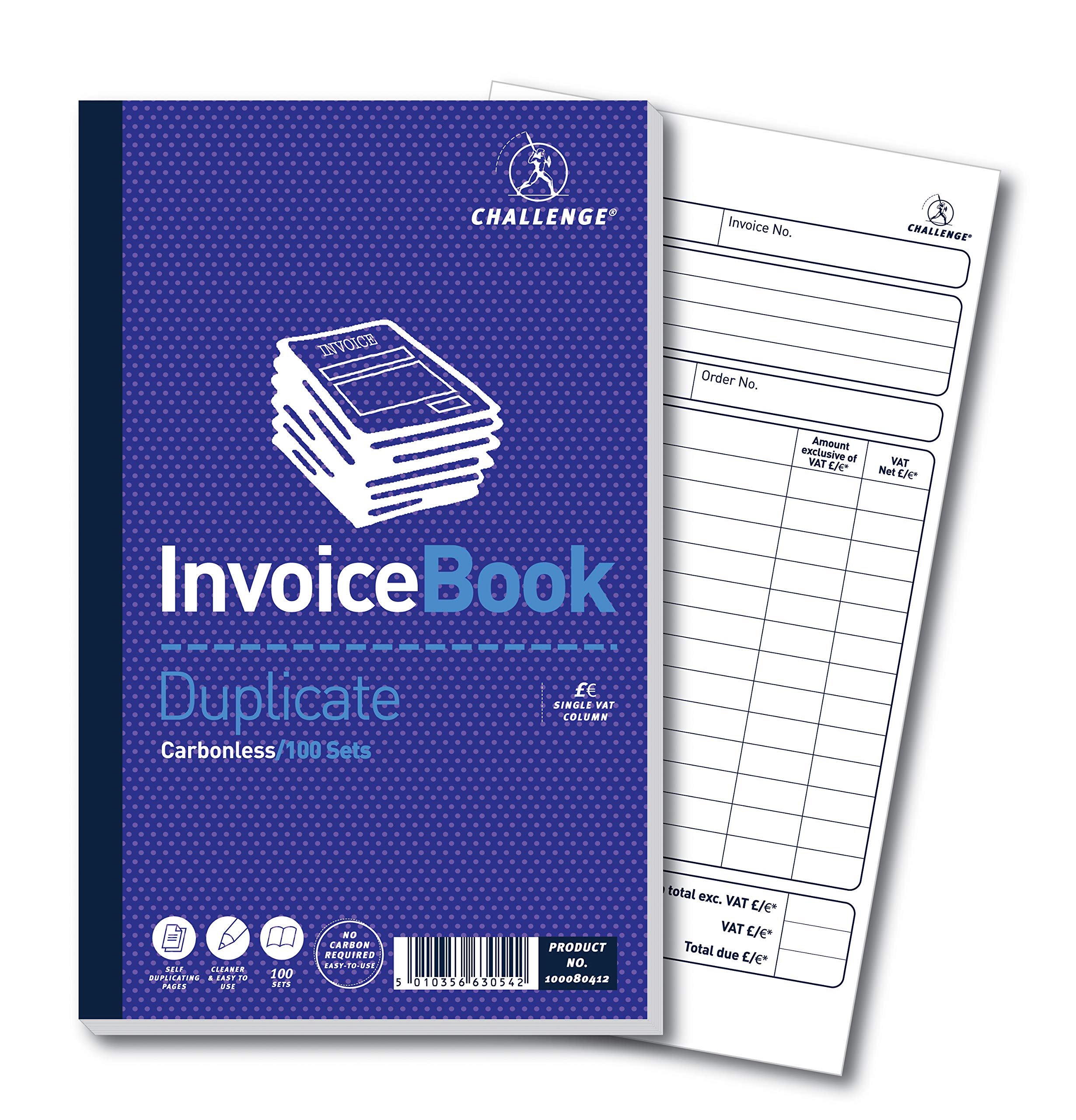 Challenge 210 x 130 mm Duplicate Invoice Book with Vat, Carbonless, 100 Pages, Set of 1
