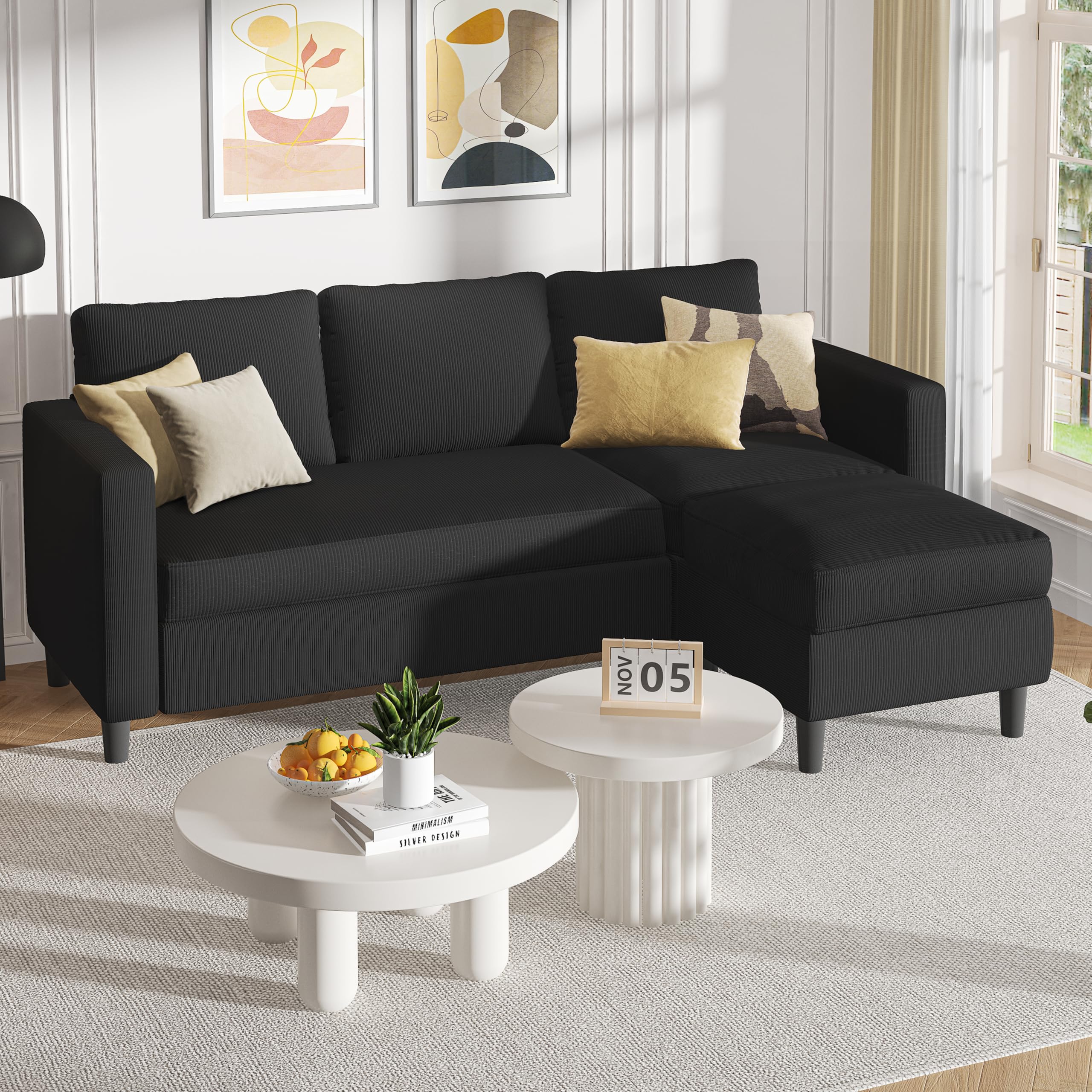 Photo 1 of Shintenchi Modern Upholstered Sectional Sofa, L-Shaped Couch with Reversible Chaise for Living Room, Black Corduroy Fabric