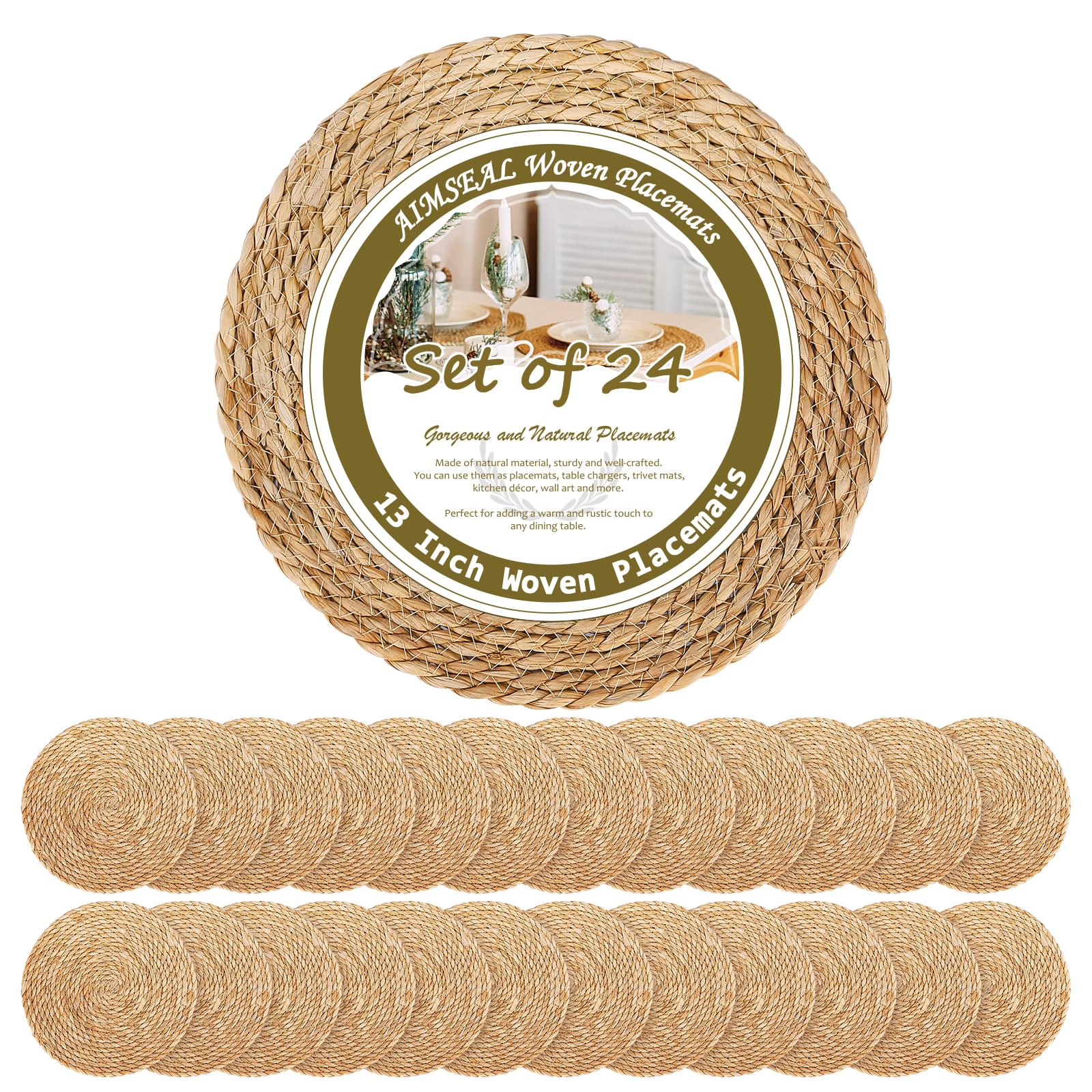 Photo 1 of 13 Inch Woven Placemats Set of 24, Boho Round Place Mats for Dining Table Decor, Rustic Jute Chargers for Dinner Plates, Outdoor Patio, Farmhouse Wedding, Water Hyacinth Wicker Rattan Braided Placemat