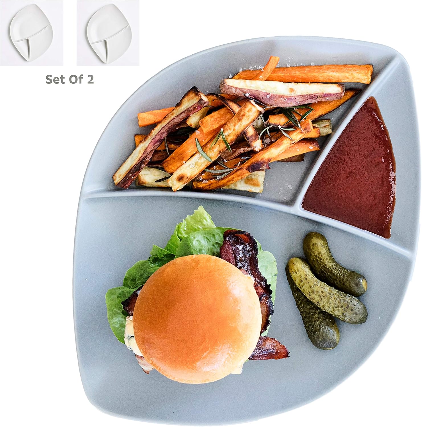 Porcelain Divided Dinner Plates Dinnerware Sets - 2 Large Platters For Adults - Amazing Burger Plate Collection - Stoneware Grey
