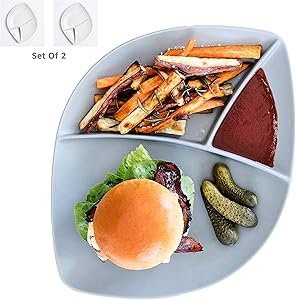 Porcelain Divided Dinner Plates Dinnerware Sets - 2 Large Platters For Adults - Amazing Burger Plate Collection - Stoneware Grey