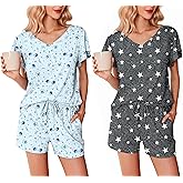 Ekouaer 2 Pack Women's Pajamas Set Soft Ruffle Sleeve Pjs Set Casual V Neck Lounge Set with Pockets