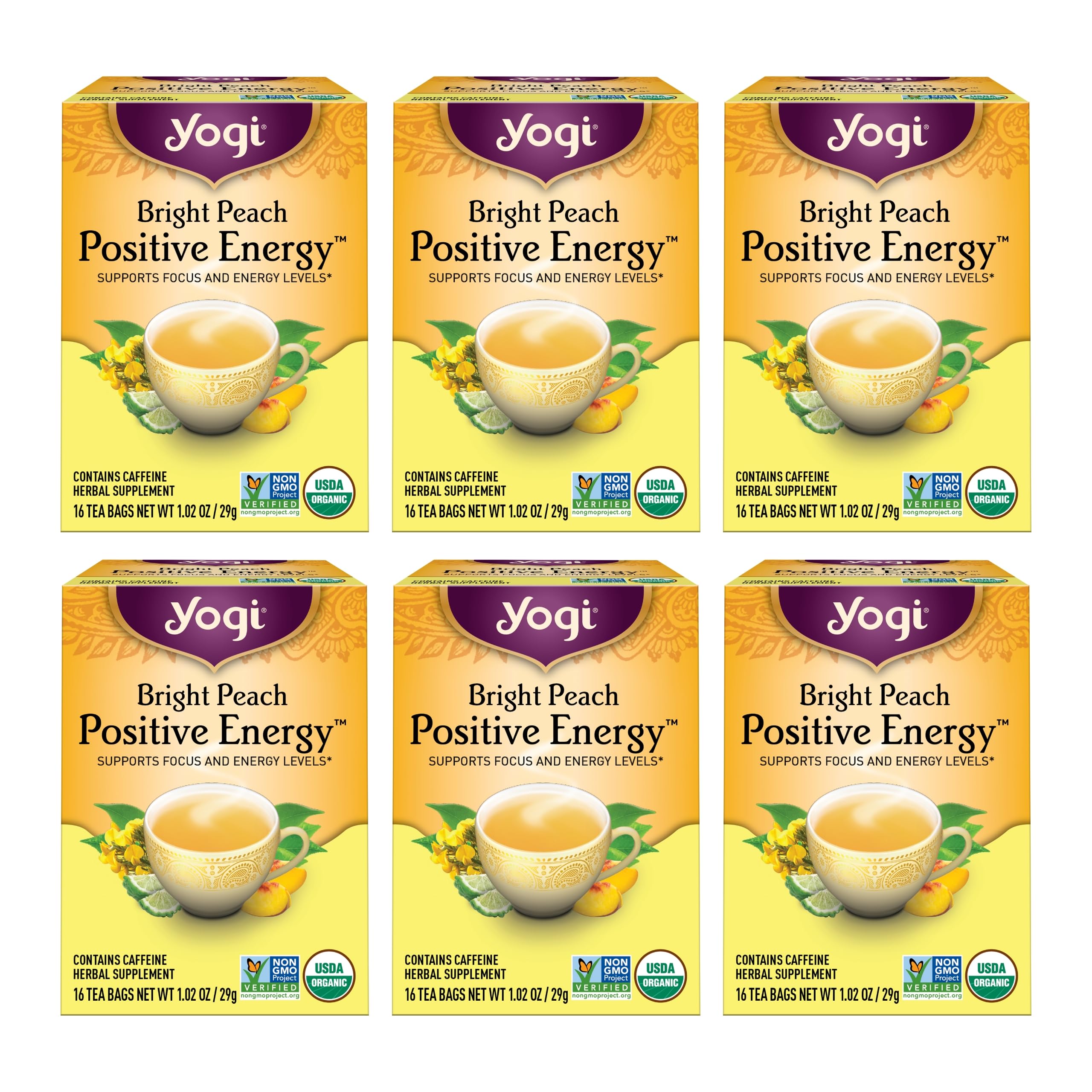 Yogi Tea Bright Peach Positive Energy Tea - 16 Tea Bags per Pack (6 Packs) - Organic Tea to Support Focus & Energy - Includes Oolong Tea Leaf, White Hibiscus Flower, Rose Hips & More