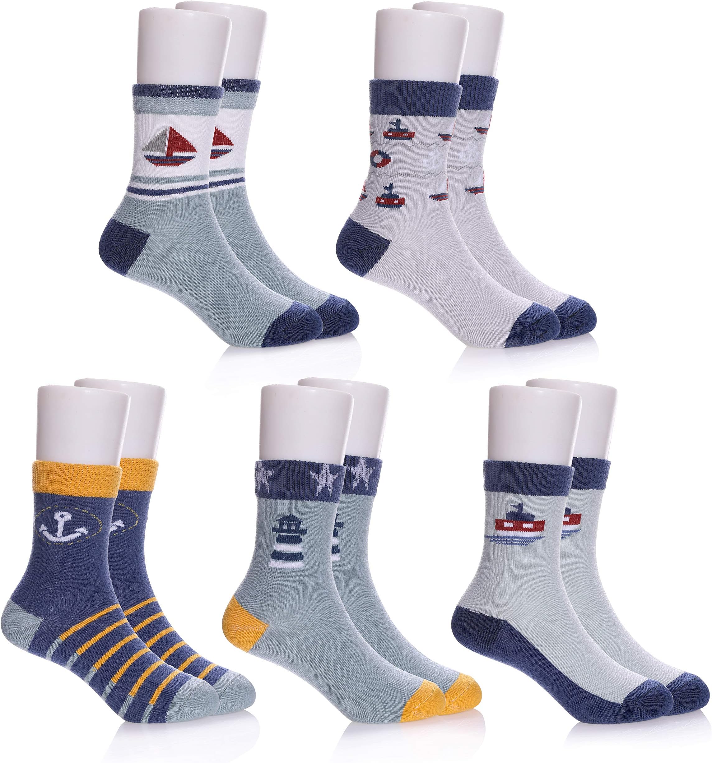 FNOVCO Kids Girls Boys Socks Fashion Cute Animal Patterns Cotton Crew Socks 5 Pairs (9-12 years Old, 5 Pairs Sailboat)