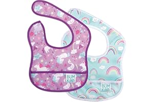 Bumkins Bibs, for Baby Girl or Boy, Infant 3-9 Mos, Essential Must Have for Eating, Feeding, Baby Led Weaning, Mess Saving Waterproof Soft Fabric, Starter Bib 2-pk Unicorns, Rainbows Blue and Purple