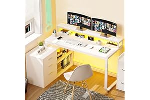 YITAHOME L Shaped Desk with Drawers, 55" Corner Computer Desk with Power Outlets, L-Shaped Desk with LED Lights & File Cabinet for Home Office, White