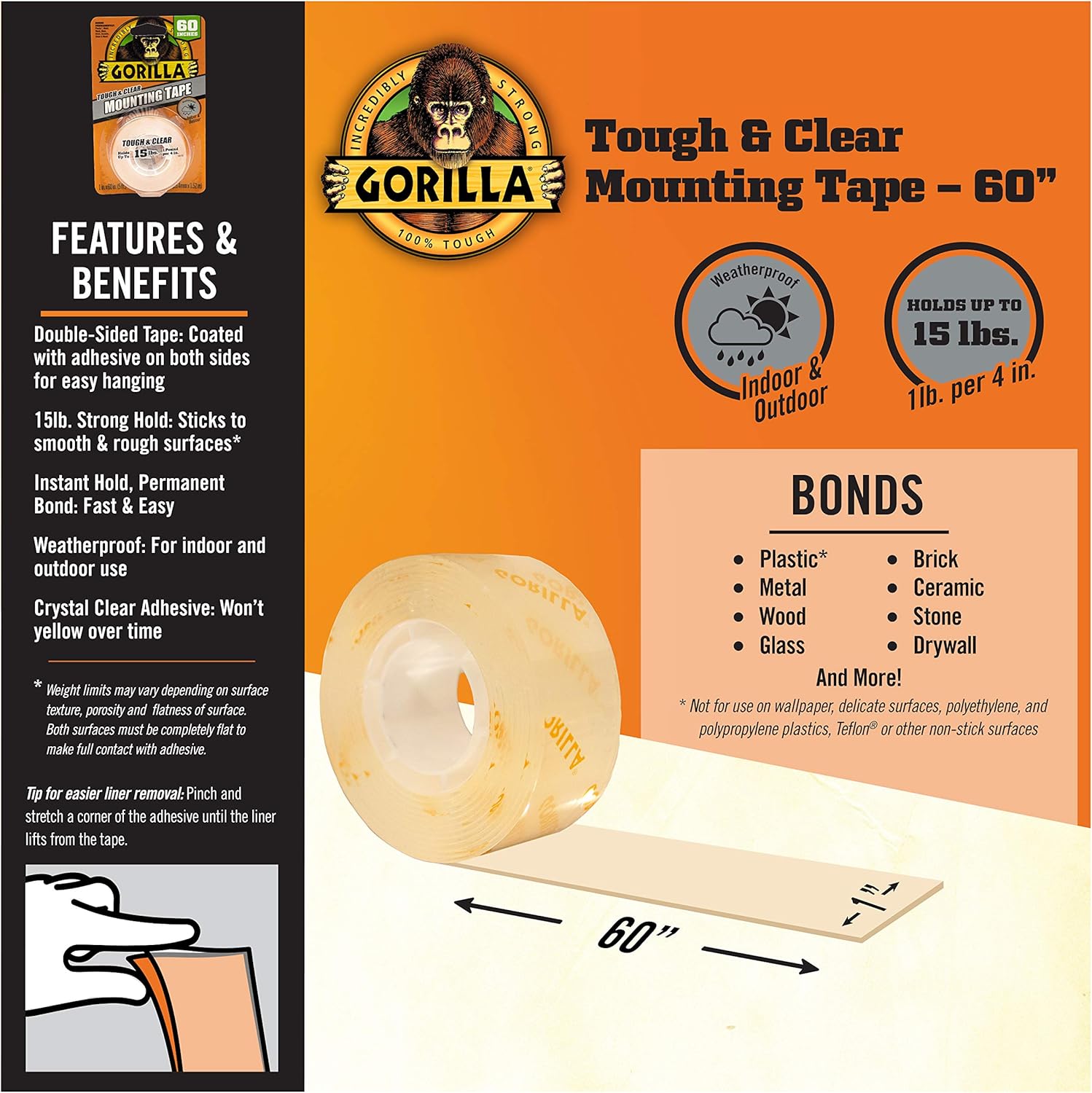 Gorilla Tough & Clear Double Sided Mounting Tape, 1" x 60", Clear, (Pack of 2) - 6065016: Home Improvement
