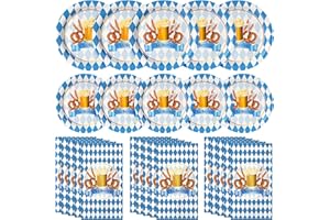 RAGNHILD Oktoberfest Party Plates and Napkins Set Serve 50, Bavarian Oktoberfest Party Supplies Decorations, Disposable Blue and White Flag Check Paper Plates Napkins for German Oktoberfest Beer Festival Party
