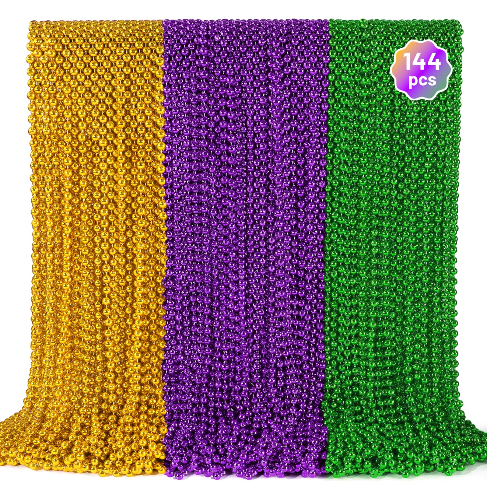 144 PCS Mardi Gras Beads Necklaces, Gold Green Purple Metallic Bead Necklaces 33” Mardi Gras Beads Necklaces Accessories Bulk Party Beads Necklaces for Mardi Gras Party, Throw Beads Party Favors Image