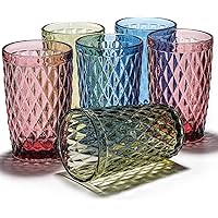 ZOOFOX Set of 6 Colored Drinking Glasses, 12oz Embossed Tumblers with Heavy Base, BPA-Free, Vintage Glassware Set for Wedding