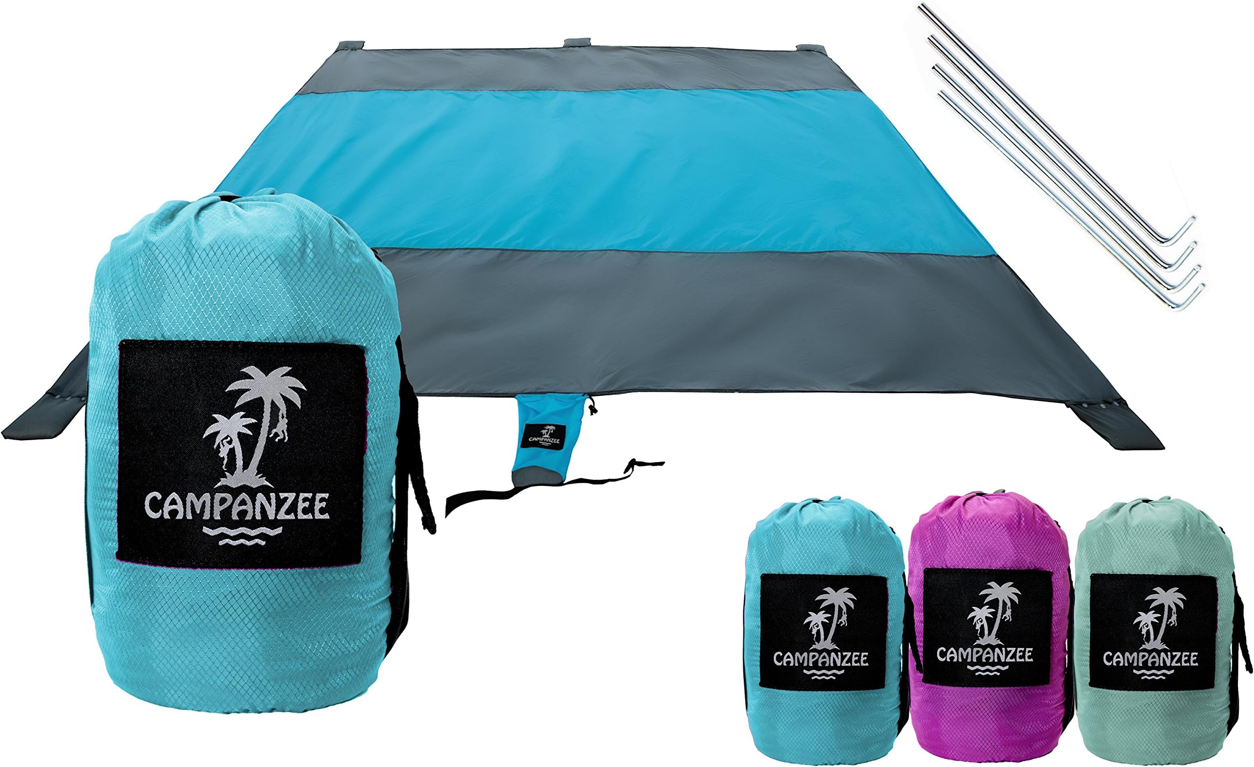 Campanzee Beach Blanket by Sand Free, Oversized 9 x 10 Ft, and Water Proof For Outdoor Use as a Camping, Festival, or Picnic Blanket | 5 Sand Pockets, Rip-Stop Nylon Fabric, and 4 Anchor Stakes
