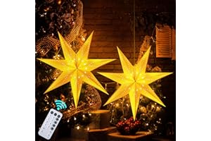 Hiboom 2 Pack Paper Star Lantern 24 Inch, 8 Mode 50 LEDs Firework Fairy String Lights, Seven Pointed Light up Hollow Out Star Hanging Decoration for Indoor Outdoor Room Wedding Christmas Party